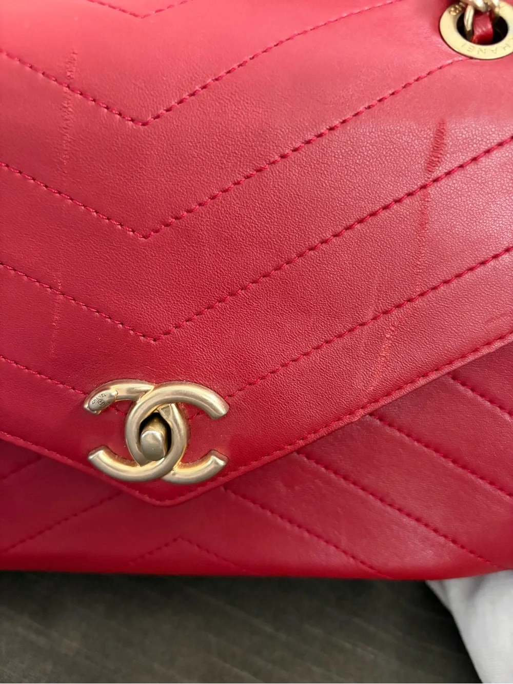 CHANEL Red Chevron Envelope Crossbody Bag with Gold Hardware